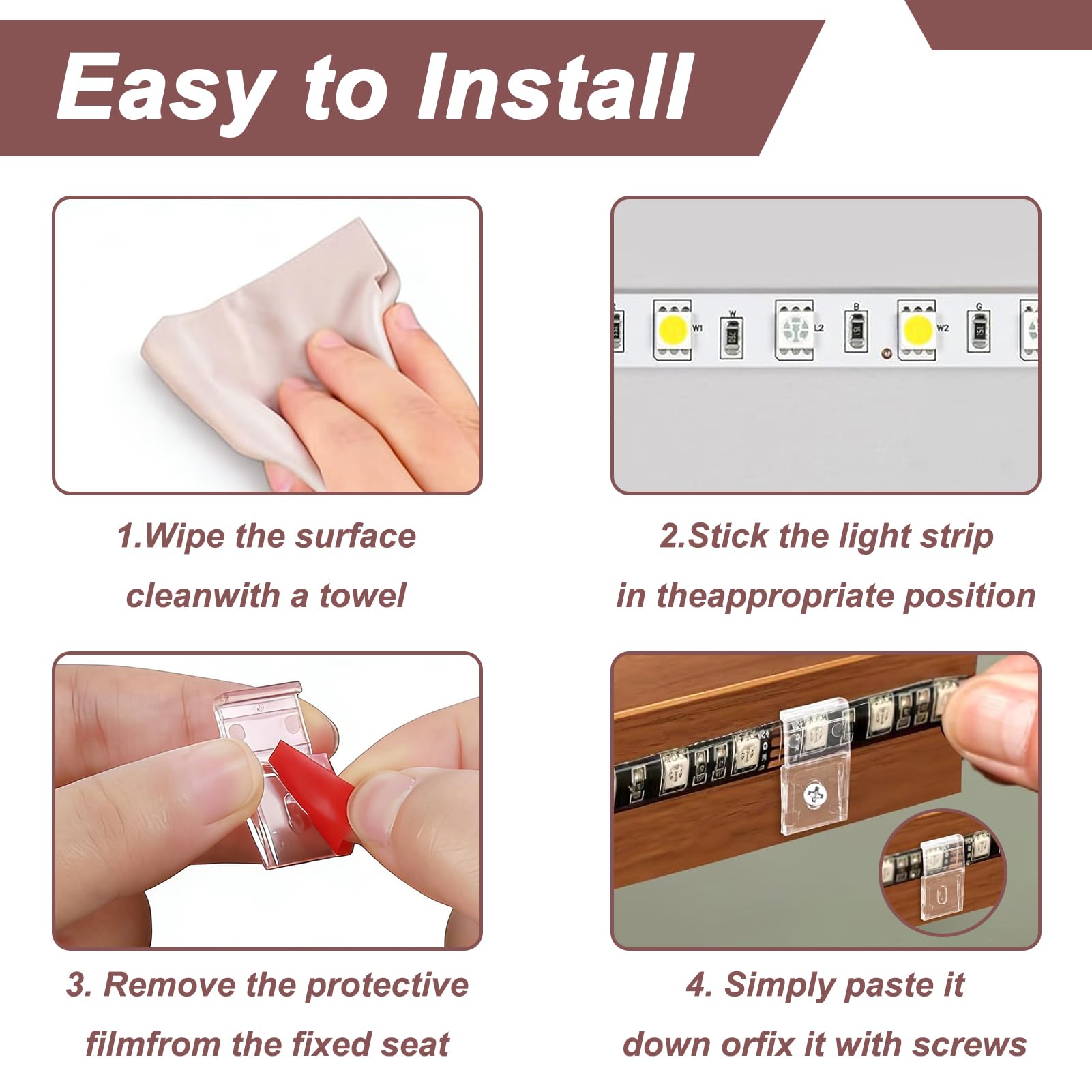 50 pezzi clip di montaggio per strisce LED, supporto per strisce LED trasparente da 10 mm con adesivo e viti, clip di montaggio per strisce luminose impermeabili IP30/IP65, elementi fissaggio discreti