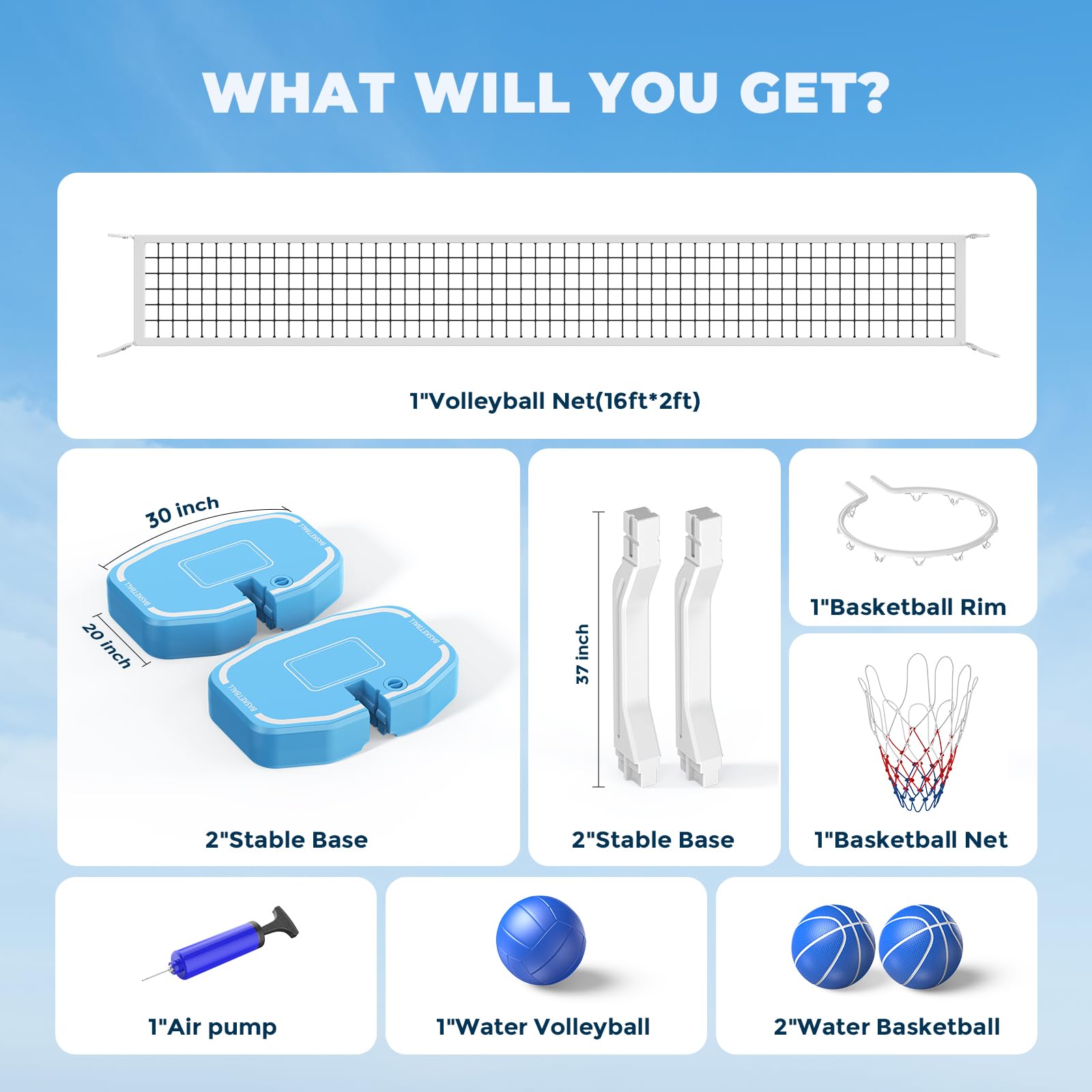 Rete da pallavolo da piscina e canestro da basket 2 in 1, rete da pallavolo per piscine interrate, canestro da basket a bordo piscina con base e supporto, include 3 palline/2 base/pompa, giochi estivi