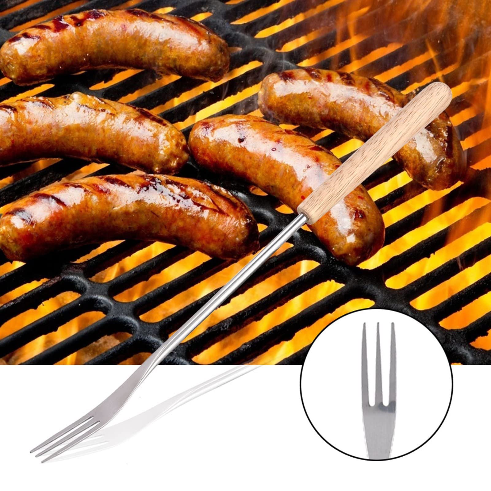Forchetta per Barbecue, Bastone per Arrosti con Manico in Legno Lungo 26,5 Cm, Forchetta per Carne in Acciaio Inossidabile per Cucina, Barbecue, Grigliate, Servire, Cucinare, Arrostire, Campeggio
