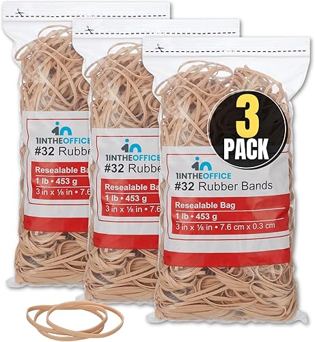 1InTheOffice Bandas de goma tamaño #32, banda de goma ancha, beige, 1 libra820 piezasbolsa (paquete de 3)