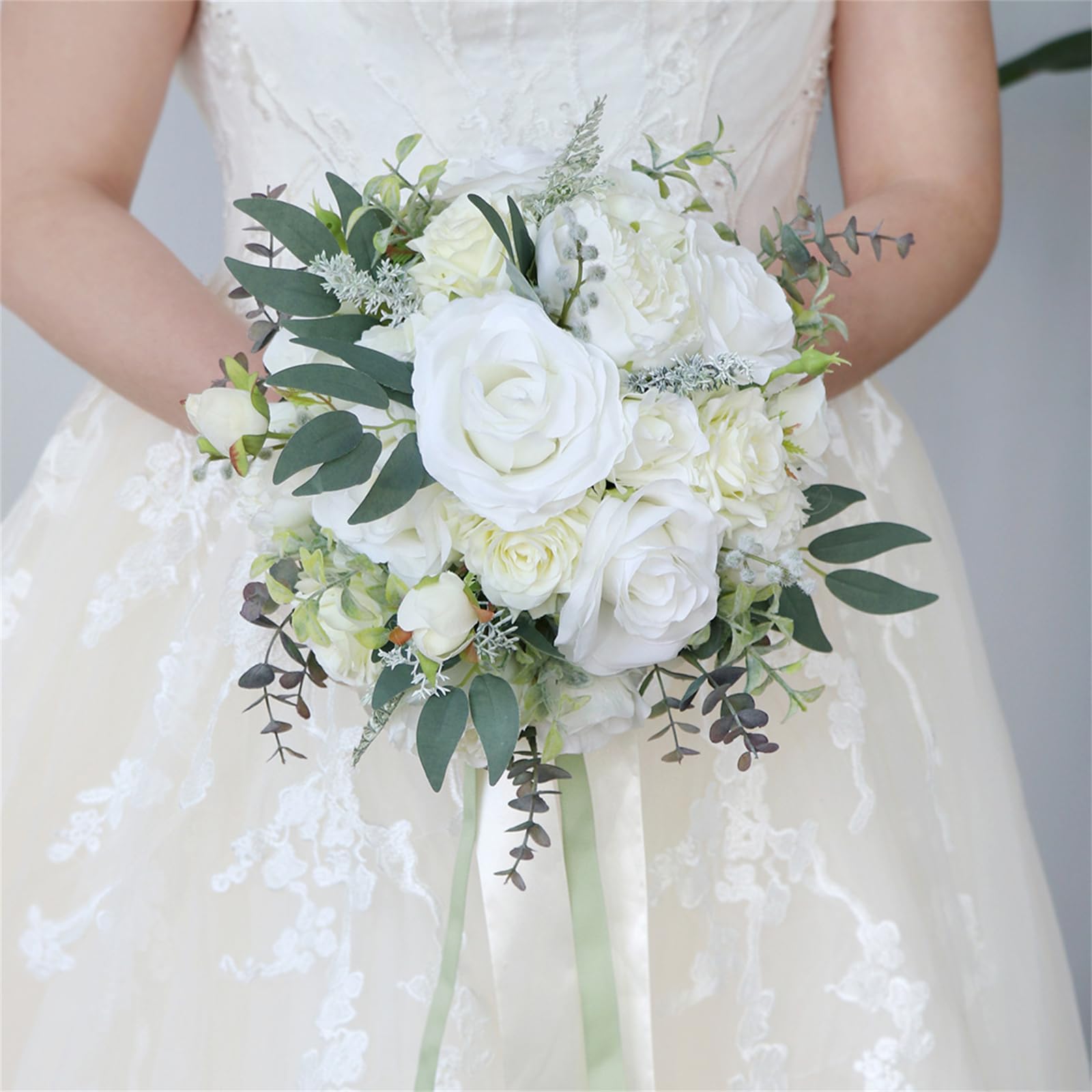 CVJdfhRE bridal bouquet， 10 Inch Wedding Bouquet for Bride, Artificial White Rose Vintage Tossing