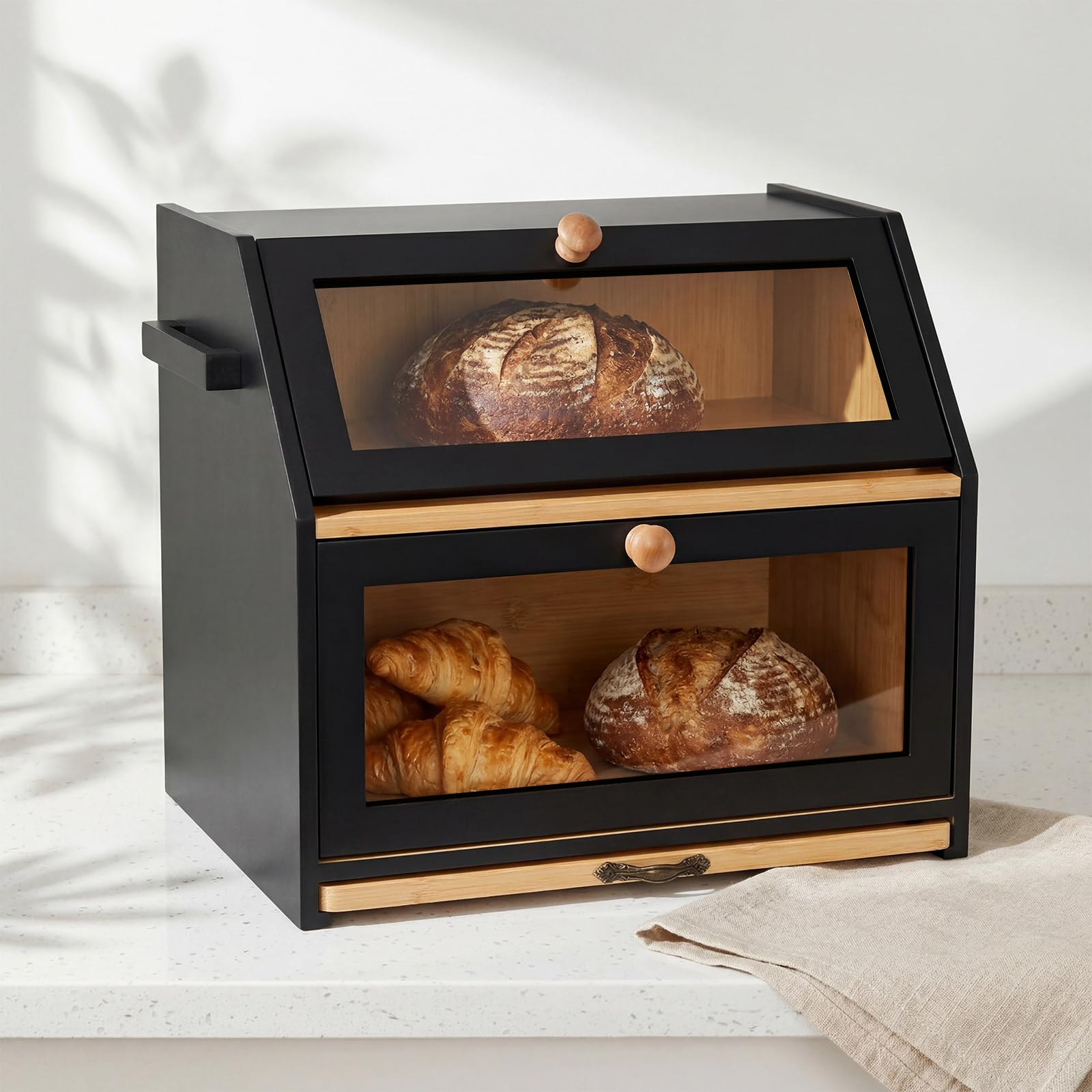 Brotkasten Bambus mit Schneidebrett & Sichtfenster, 2-Etagen Brotaufbewahrung für Küche, Staubdicht & feuchtigkeitsgeschützt, 39x26x33cm, Messeraufbewahrung,Dunkelbraun