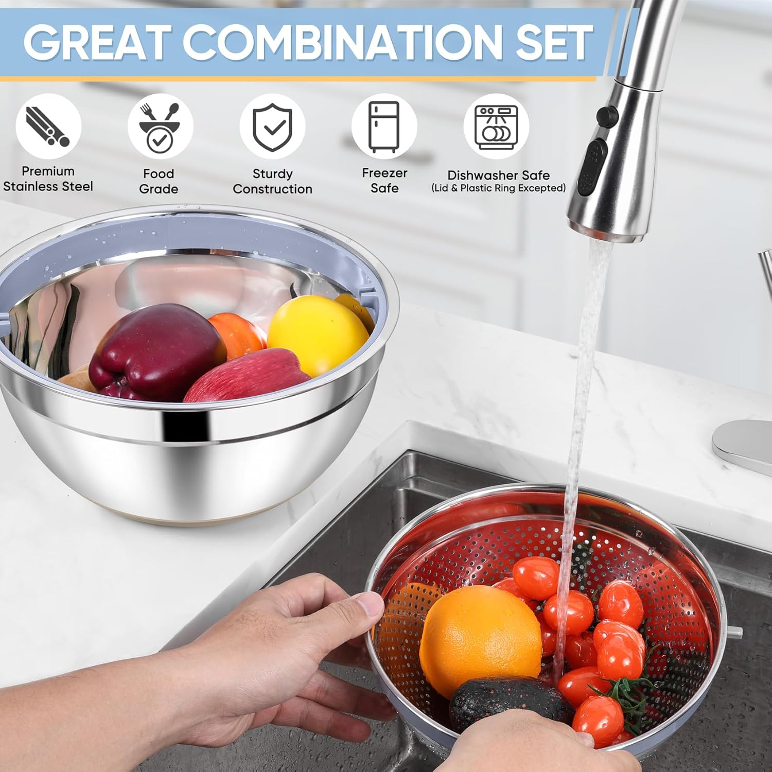 TeamFar 4-1 Colander with Bowl Set, Rotatable Colander for Kitchen, Stainless Steel Food Strainers and Colanders Mixing Bowl with Graters, for Veggies Fruits Washing, Pasta Straining - Khaki