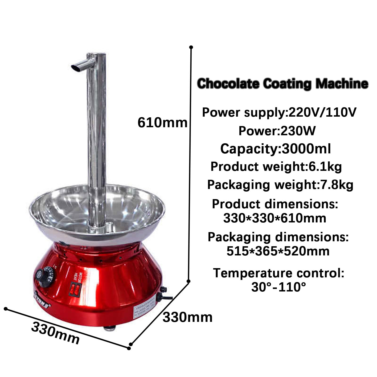 Macchina Professionale per Fondere Il Cioccolato per Fontane Di Cioccolato,Temperatura Da 30 a 110°c,Fontana in Acciaio Inossidabile Da 3000 Ml,Ideale per Bar,Pasticcerie,Dessert Bar Ed Eventi