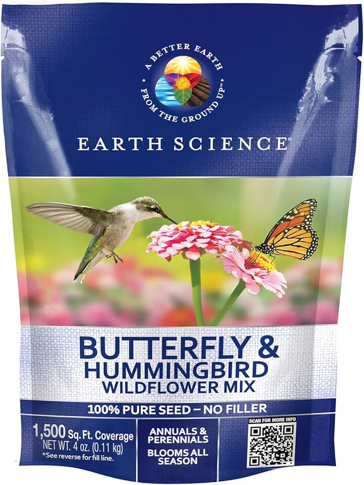 Earth Science Butterfly & Hummingbird Wildflower Seed Blend - 4oz - Premium Flower Seeds to Attract Bees, Butterflies, Hummingbirds & Native Pollinators - Non GMO