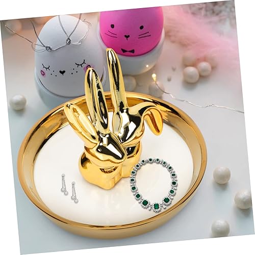 Miniatura 3 de FOMIYES Plato de cerámica para joyas, bandeja de joyería de conejo, bandeja de tocador para decoración femenina, bandeja de cerámica para conejos,