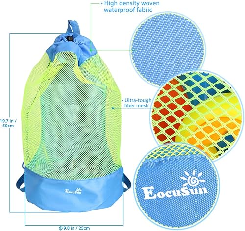 Miniatura 2 de EocuSun Bolsa de playa de malla grande duradera con cordón para la arena, mochila de playa para nadar y piscina, juguetes de pelotas