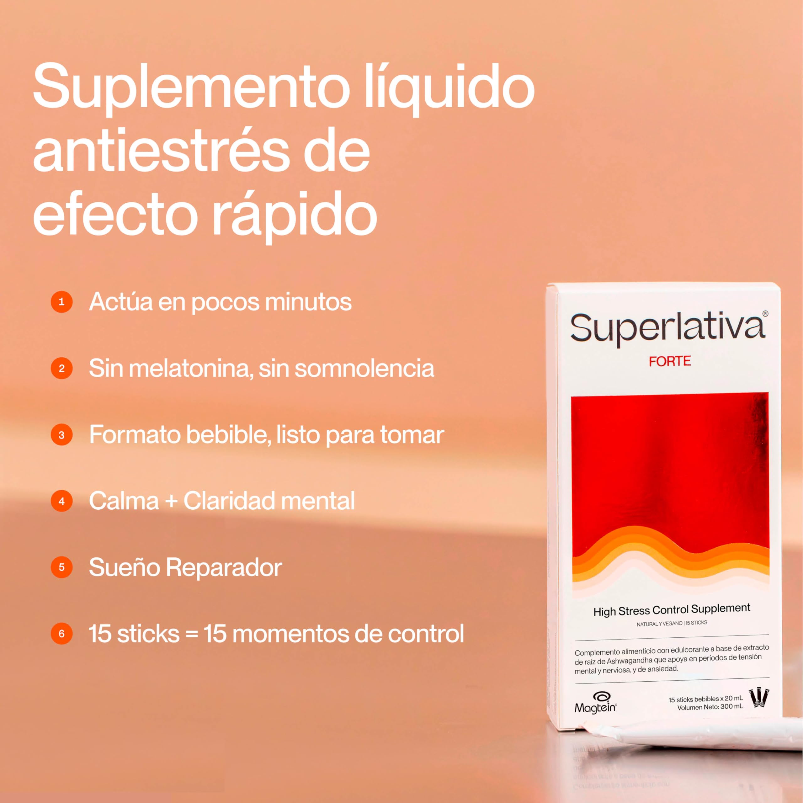 Superlativa® FORTE - Suplemento Antiestrés Líquido en Stick 15x20ml - Con Ashwagandha Shoden®, Rhodiola y Magtein® - Para Estrés, Ansiedad, Sueño y Memoria - Ideal para Profesionales y Estudiantes