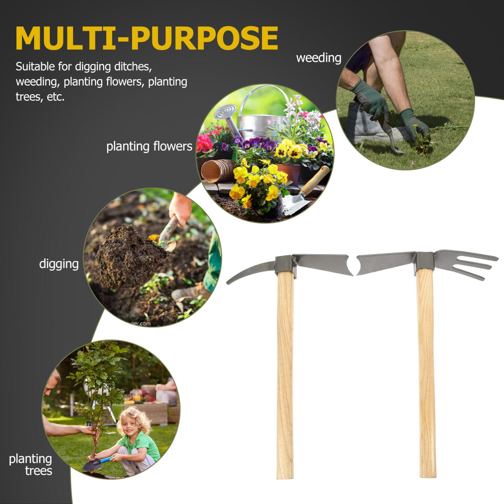 Yardwe 2 Stück Gartenhacken aus Manganstahl mit Holzstiel für Gartenarbeit Breite Anwendung und rutschfeste Griffe für Gartenzubehör und Gemüseanbau