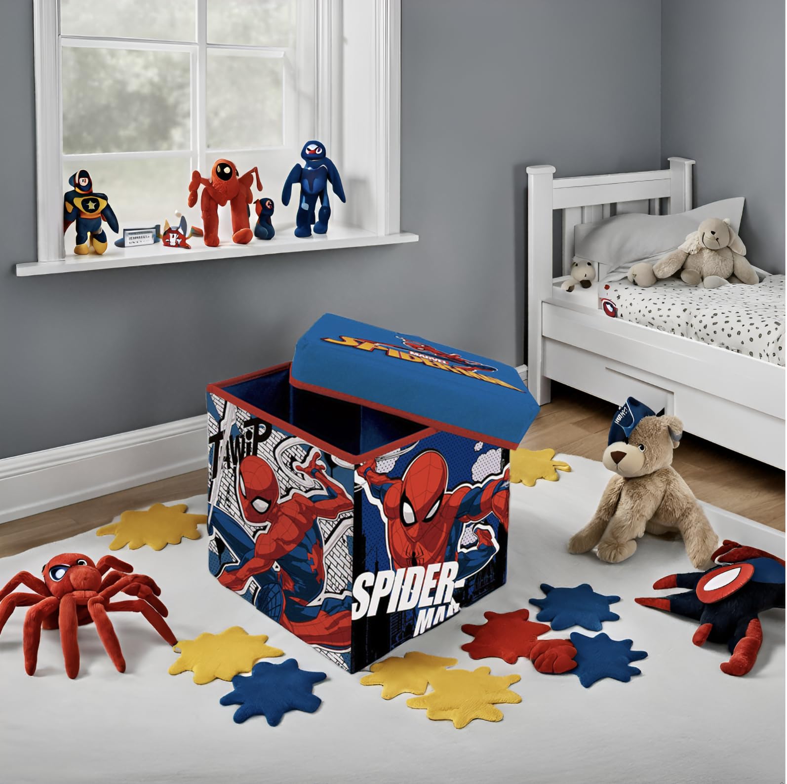 Superdiver - Aufbewahrungsbox und Hocker Spiderman - Offizielle Lizenz Marvel - 30x30x30 cm - Faltbarer Pouf mit gepolstertem Deckel - Spielzeug-Organizer