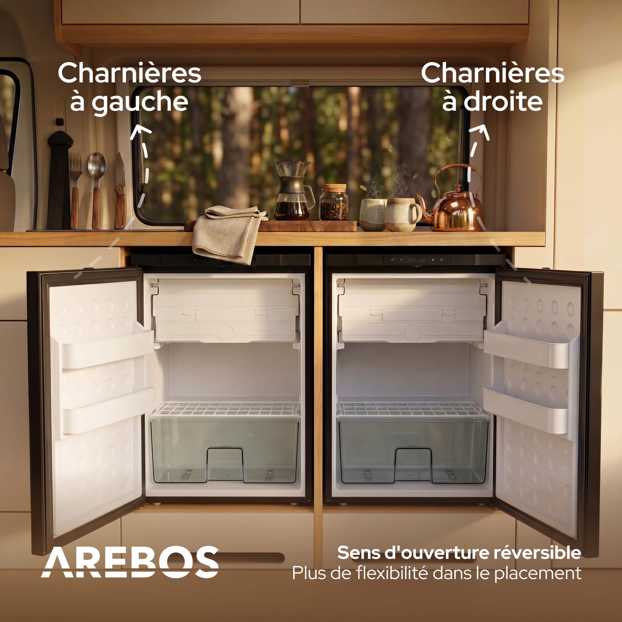AREBOS Réfrigérateur à Compresseur pour Camping-Car 65 L avec Compartiment Congélateur | Contrôle via APP | 12V/24V | Jusqu'à -20°C | Porte Réversible | Réfrigérateur pour Camping-Car, Van & Camion