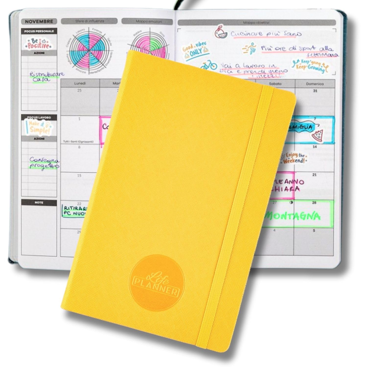 Life Planner Motivational Planner Made in Italy | 12 Month Planner | January to December 2025 | Weekly and Monthly Planner | Spaces Dedicated to Thoughts and Reflections (Shine Yellow, Small)
