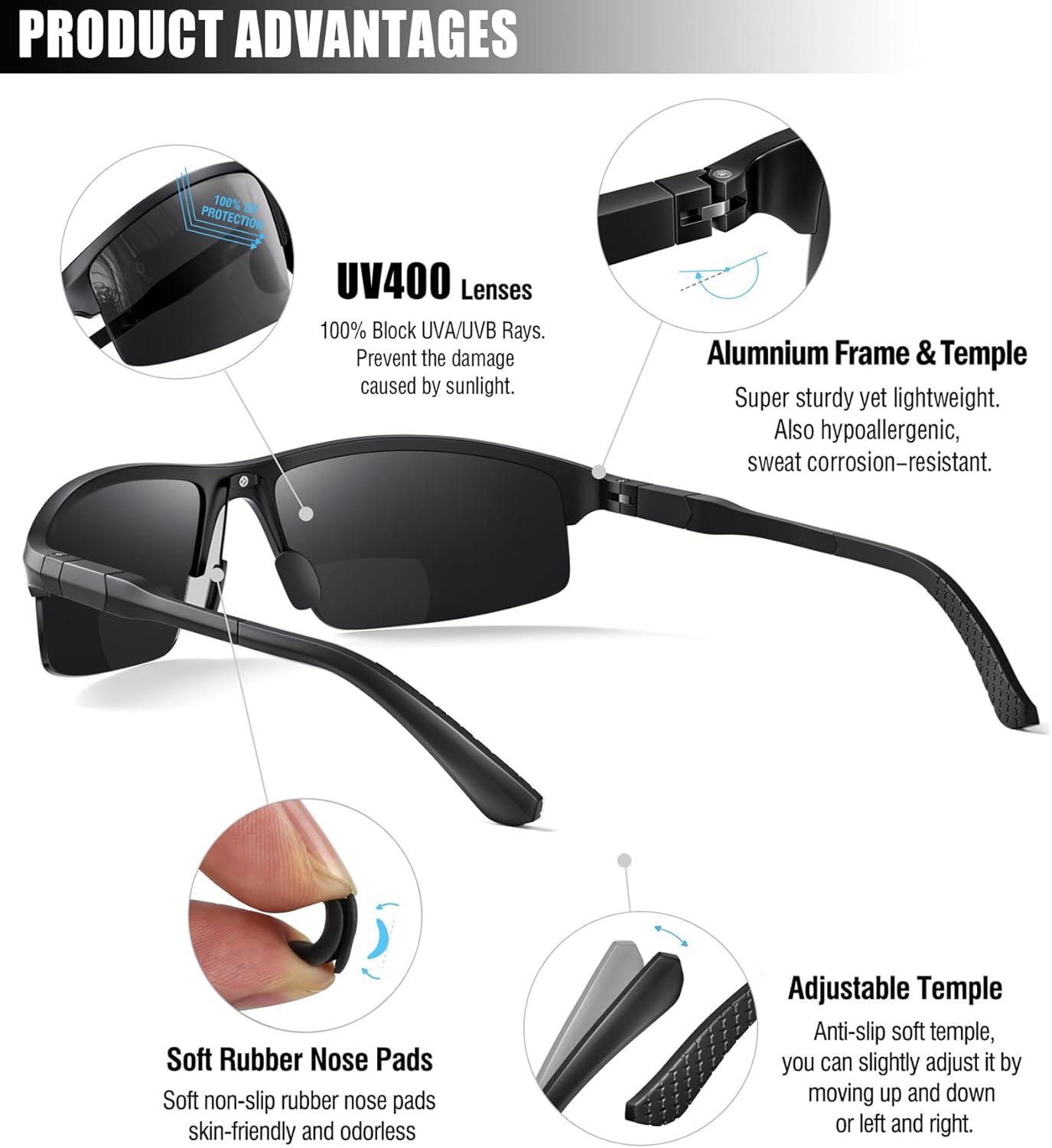 SKYOAK Sports Bifocal Reading Sunglasses Men Wrap Around UV 400 Protection Aluminum Frame Glasses Spring Hinge Semi Rimless Sun Readers Built In Driving/Running/Fishing Black, 2.5 - Image 4