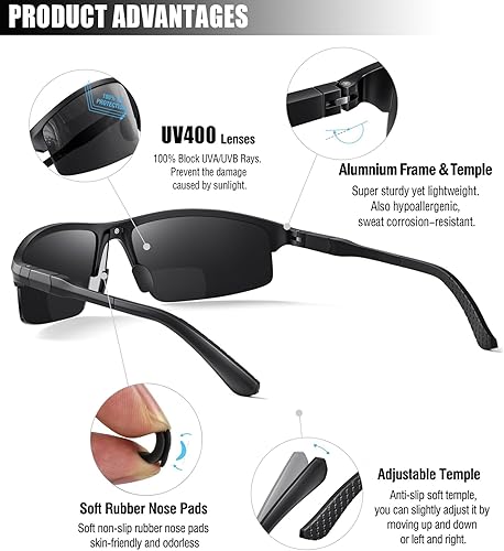 Miniatura 4 de SKYOAK Lentes de sol de lectura bifocales ligeros de alta calidad, TR90, diseño envolvente, bloqueador de luz azul, protección UV 400, lector solar