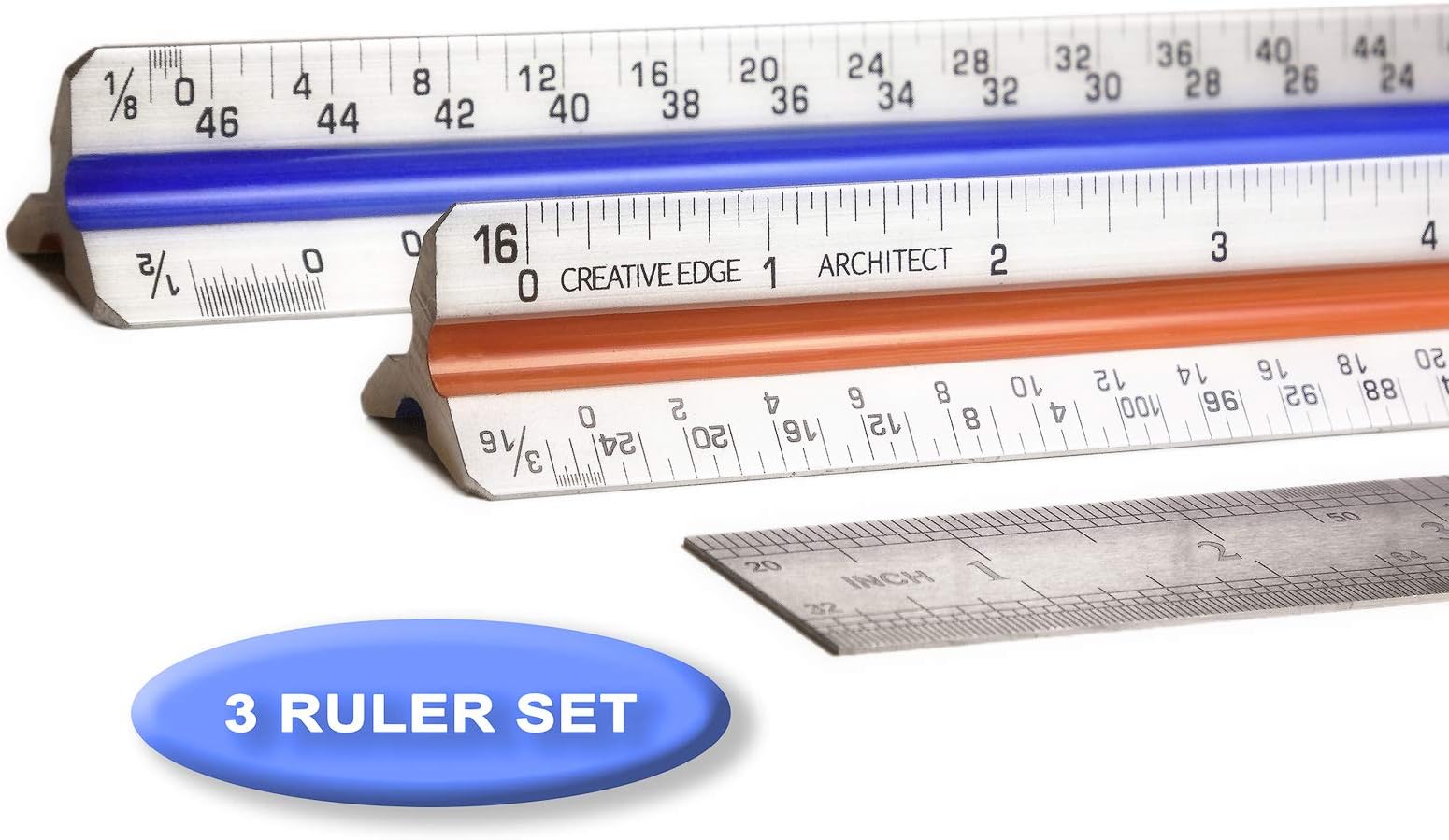 Creative Edge Architectural Scale Ruler - Set of 3 Rulers | 2 Triangular 12” Architect Rulers with Imperial Scale and 1 Standard 12” Stainless Steel Ruler - Color Coded