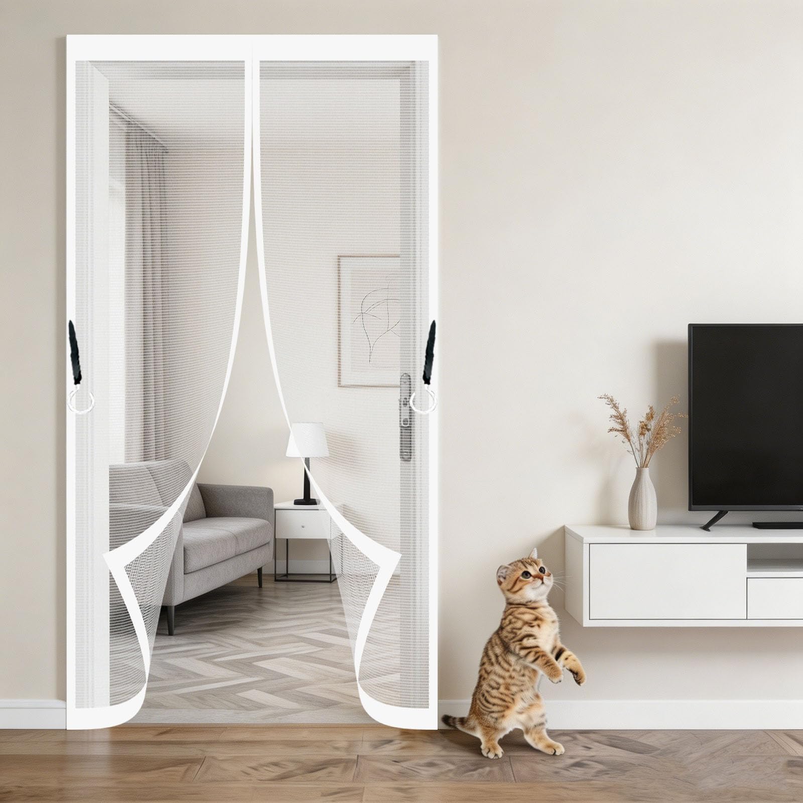 Heavy Duty Bug Mesh Curtain 106 x 215 cm No-Drill Easy Installation Automatically Closes Powerful Magnets Reinforced Patio Door Net for Bedroom Pet Friendly Living Room, White