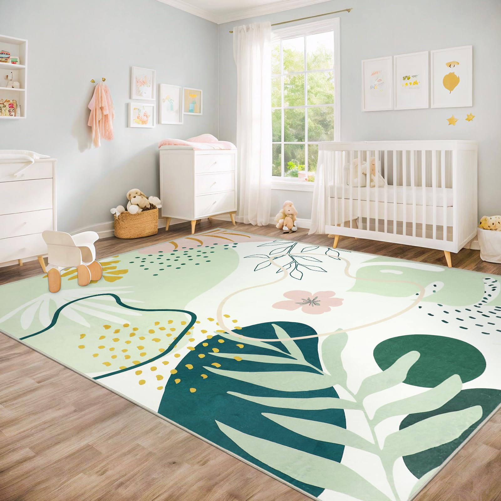 Capslpad Washable Rugs 8x10, Boho Rugs for Living Room, Area Rugs Green Botanical Print, Soft Non-Slip Low Pile Non-Shedding for Bedroom, Office, Classroom, Nursery, Dining