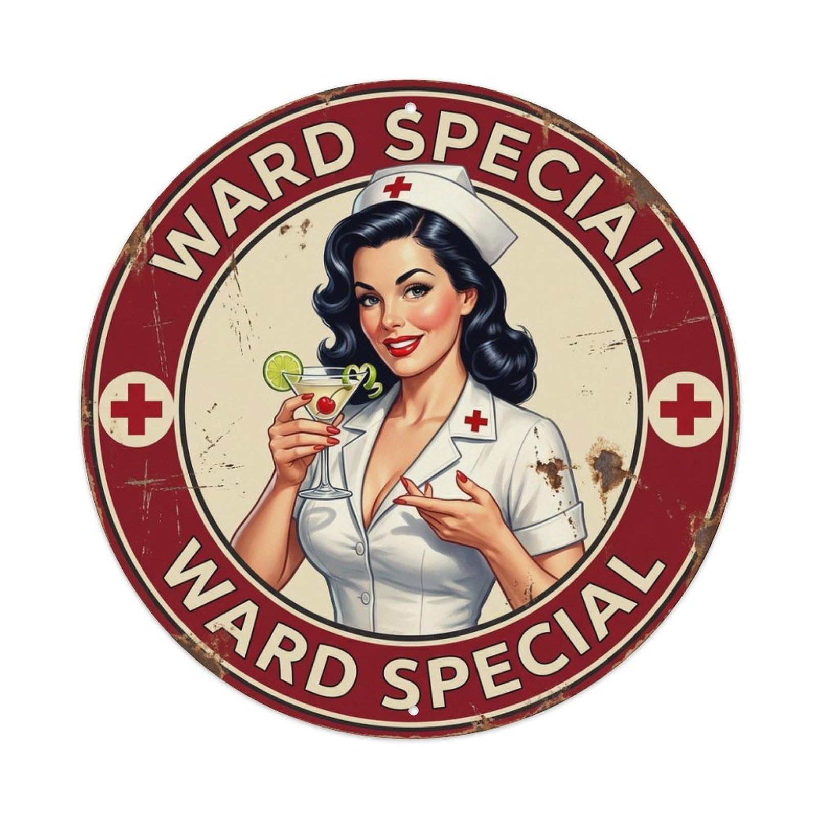 Ward Special Nurse Cocktail Humor Stemmed Glass Metal Tin Sign