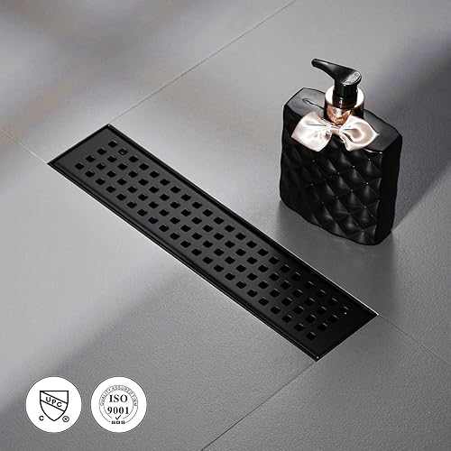 Miniatura 4 de Drenaje lineal de ducha rectangular de 12 pulgadas, rejilla extraíble con patrón cuadrado, negro mate, acero inoxidable SUS 304 de grado