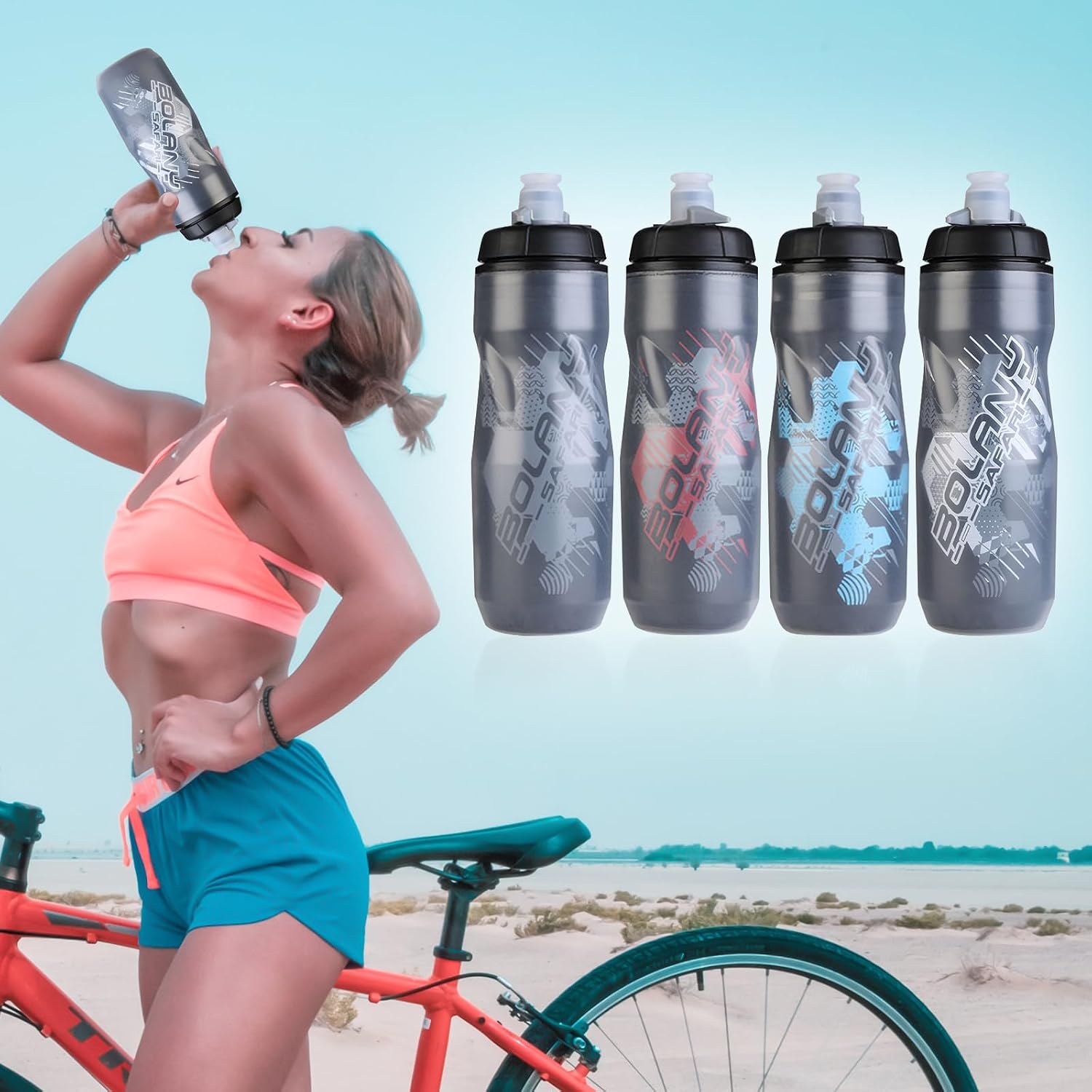 BOLANY Double-Wall Bike Water Bottle 22oz Sports Squeeze Water Bottle with Easy Open Push/Pull Cap PP5 Silicone
