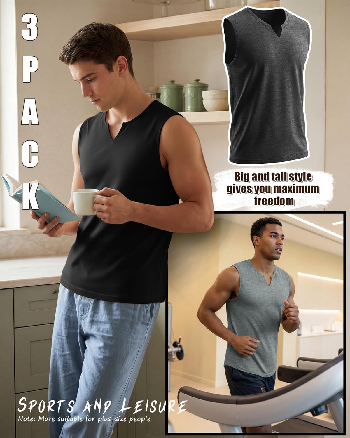 Ficerd 3 Pack Men's Sleeveless Shirts Big and Tall V Neck Workout Tank Tops Muscle T Shirts Summer Athletic Casual Basic Tees