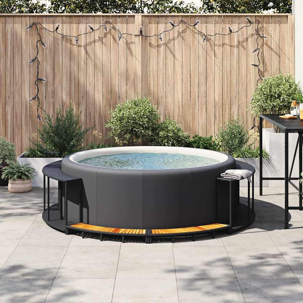 Ribete para bañera de hidromasaje con espacio de almacenamiento, color negro de ratán sintético y escalón de madera de acacia, apto para jacuzzis portátiles