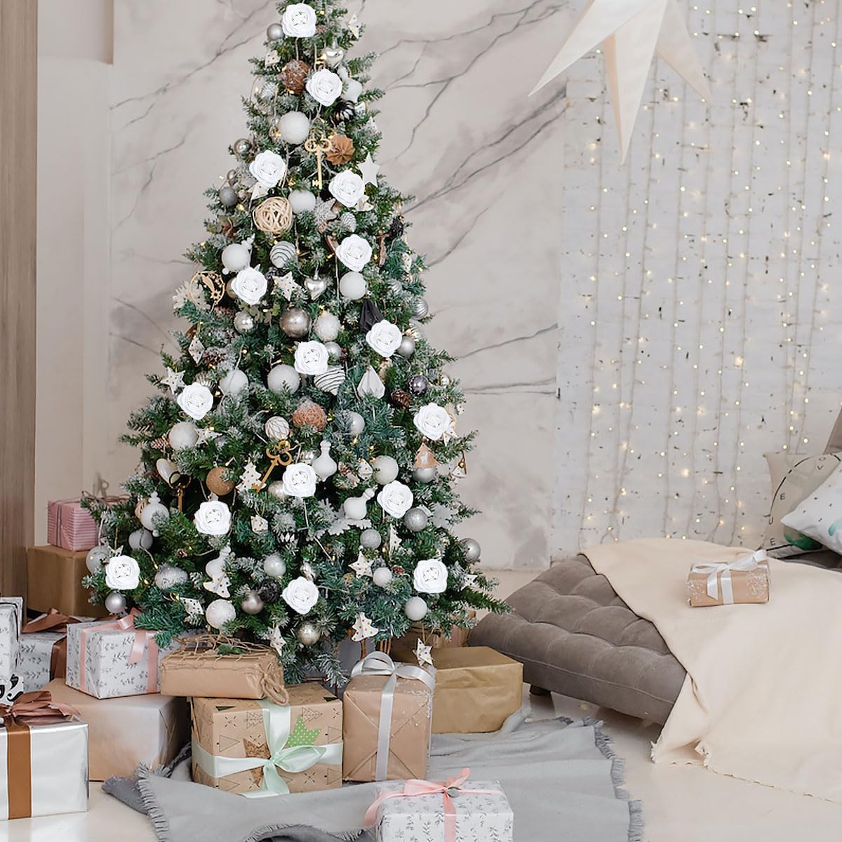 Artificial Roses, 30pcs White Roses Silk Roses Artificial Flowers for Crafts Wedding Bouquet Home Decoration(White) - Image 7