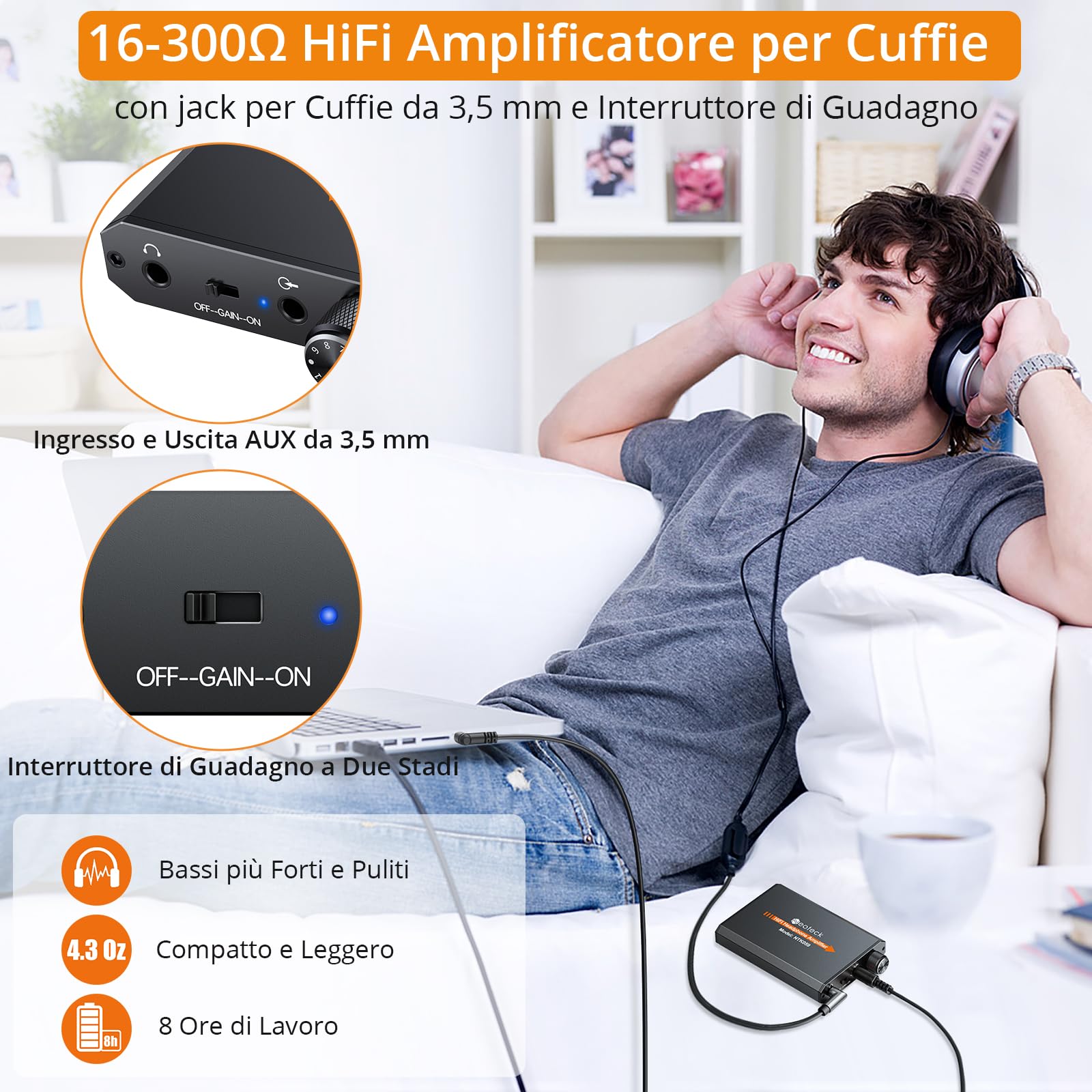 Neoteck Amplificatore Cuffie Portatile 3.5mm 16-300Ω HiFi Alluminio