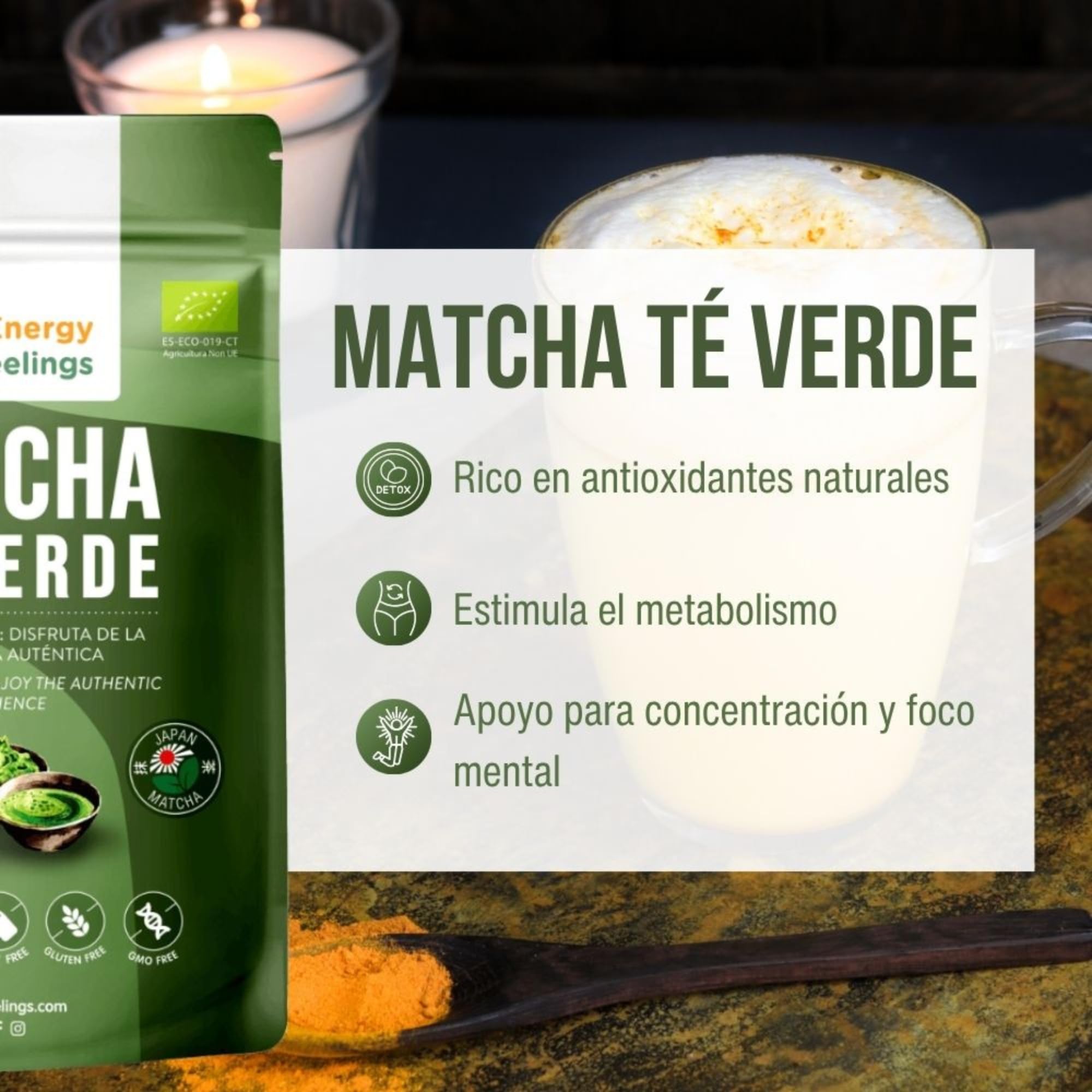 Energy Feelings Té Matcha en Polvo Premium 200g, Té Verde Matcha Japonés Orgánico Puro, Rico en Antioxidantes Naturales, Green Tea Powder, Ideal para Latte, Vegano, Sin Gluten, Sin Lactosa