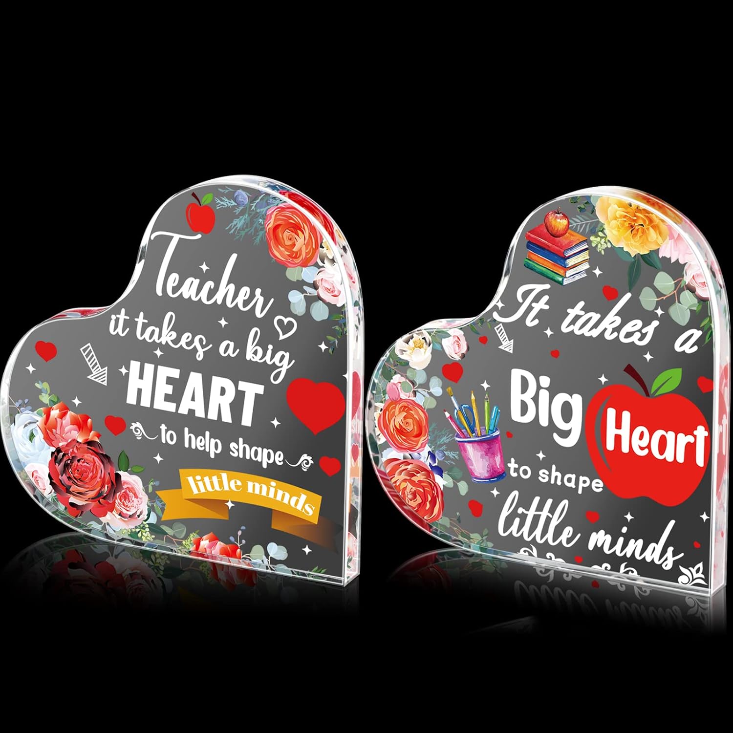 Yookeer 2 Pcs Teacher Appreciation Gifts End of Year Teachers Gifts Acrylic Heart Shaped Plaque Teacher Paperweight Keepsake for Women Men Office Classroom Desk Decor(Flower)