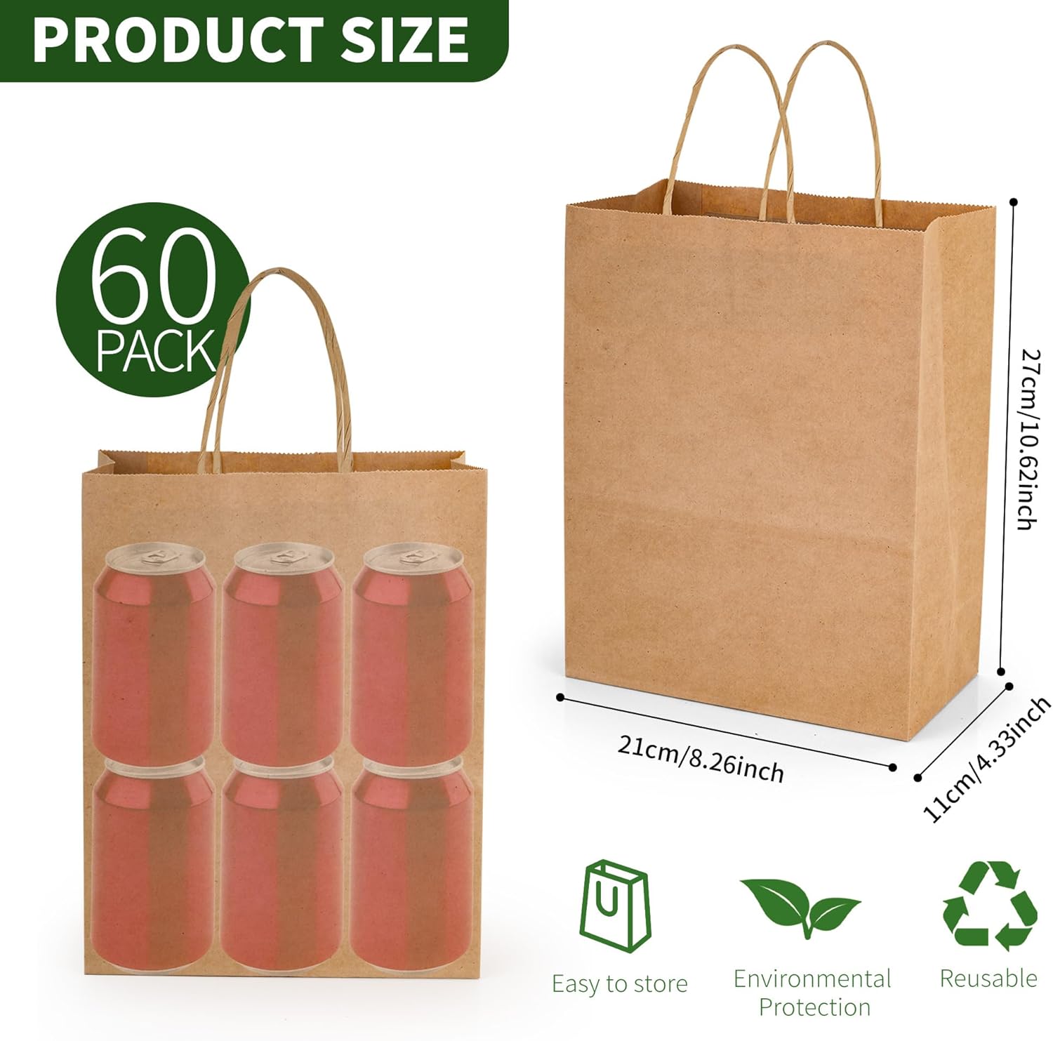 60Pcs Kraft Paper Gift Bags with Handles, 8.26x4.33x10.62 Inch Medium Brown Bags - Heavy Duty for Grocery, Take Out, Shopping, Retail, Wedding, Birthday Party | Bulk Gift Packaging - Image 2