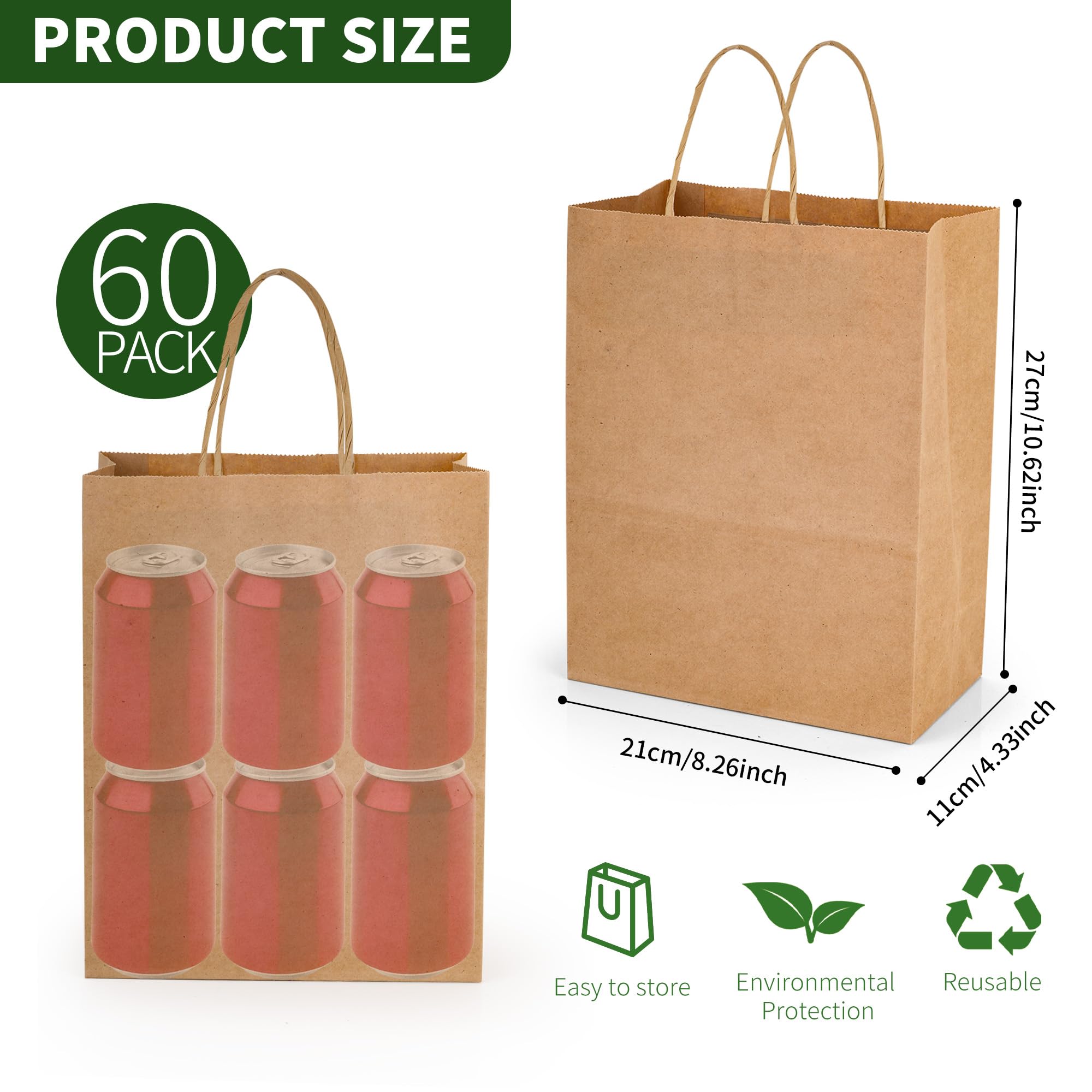Lot de 60 sacs en papier kraft marron avec poignées, 21 x 11 x 27 cm, sacs cadeaux en papier kraft résistants pour courses, à emporter, shopping, vente au détail, entreprise, mariage, fête
