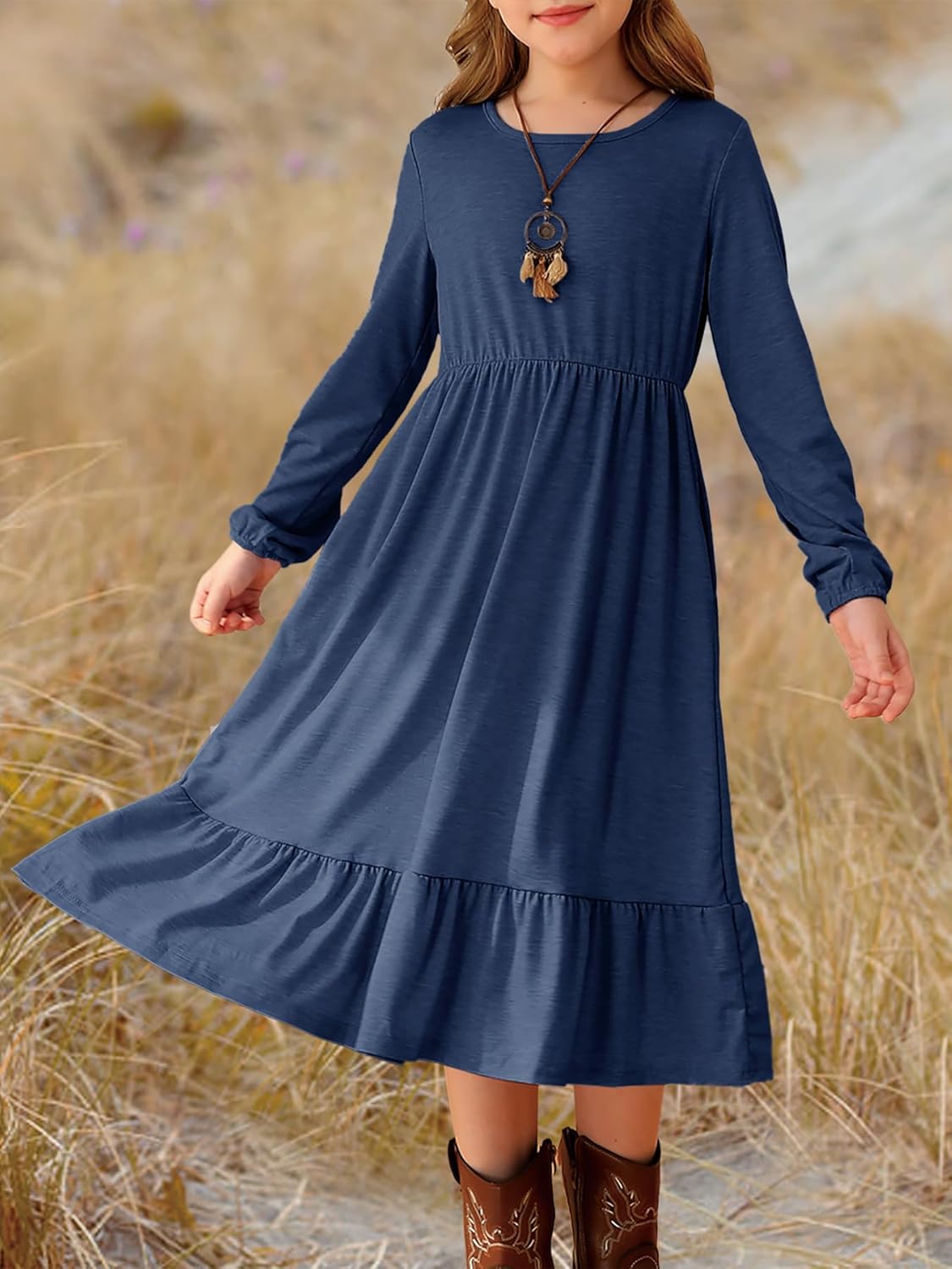 MITILLY Girls Fall Boho Dress Kid Long Sleeve Tween Casual Ruffled Hem Swing Loose Flowy Tiered Midi Dress with Pockets - Image 2