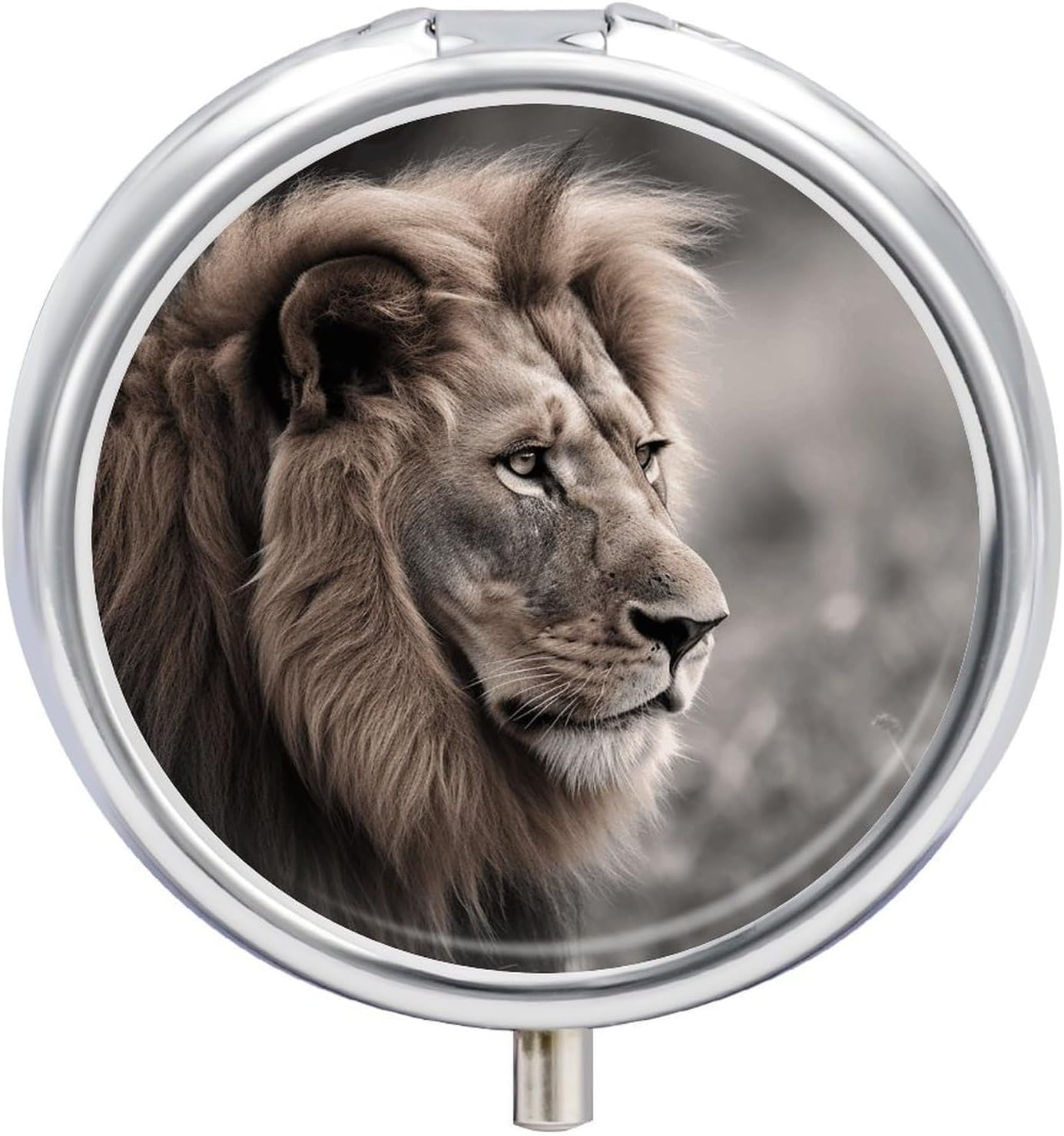 Round Daily Wildlife Lion Pill Case with 3 Compartment & Mirror