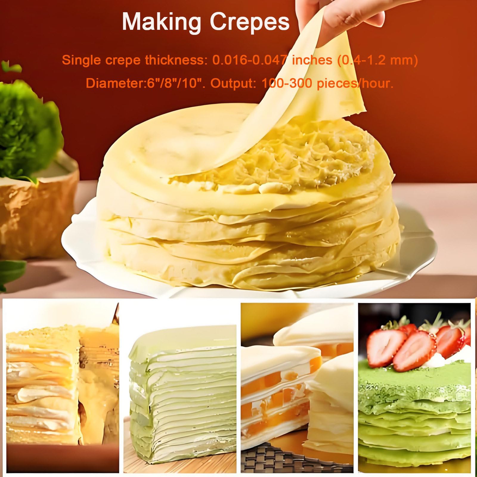 Automatyczna maszyna do wypieku naleśników Mille, regulowana prędkość, średnica naleśnika 6/8/10”, grubość 0,016”-0,047”, do lasagne z mango/durianem, tortilli, pizzy 10inches
