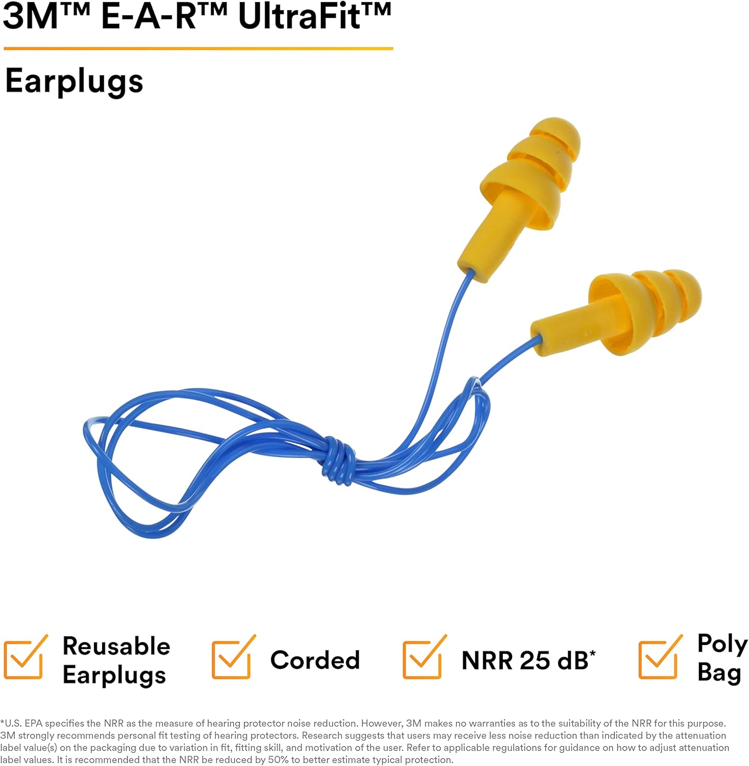 3M E-A-R UltraFit Corded Ear Plugs 340-4004, 100-Pair, Yellow, Poly Bag 3404004