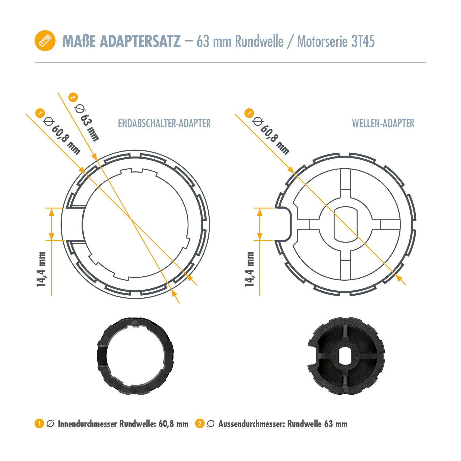 3T-MOTORS Adapter 63 mm für Markisen-Rundwellen, Adaptersatz rund, Markisen-Zubehör, Montagematerial Markisenantrieb, passend für 3T-MOTORS Serie 3T45 Auto & Motorrad