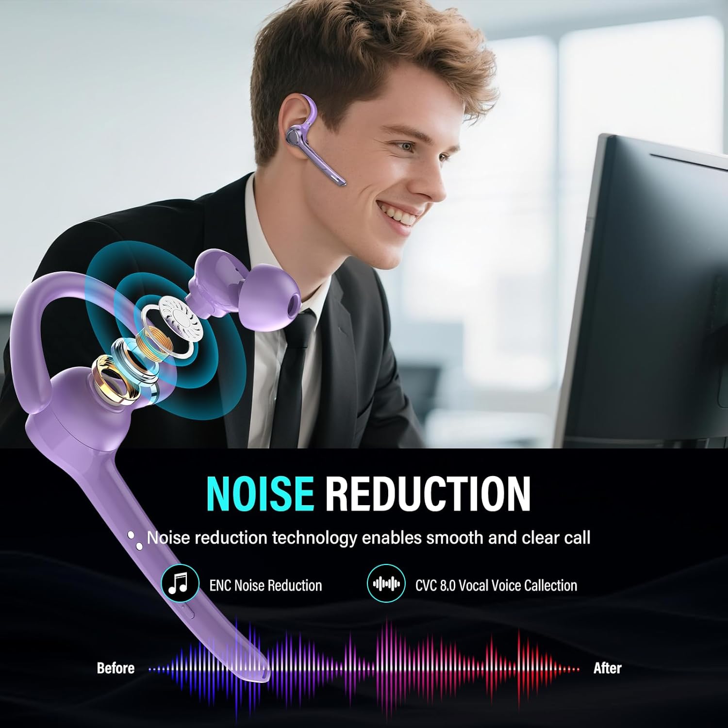 Bluetooth Headset with APTX HD Audio, Wireless Hands-Free Earpiece with CVC 8.0/ENC Dual Mic, Mute Button & Dual Device Connection, 90H Playtime Single-Ear Headphone for Trucker, Business, Purple‌