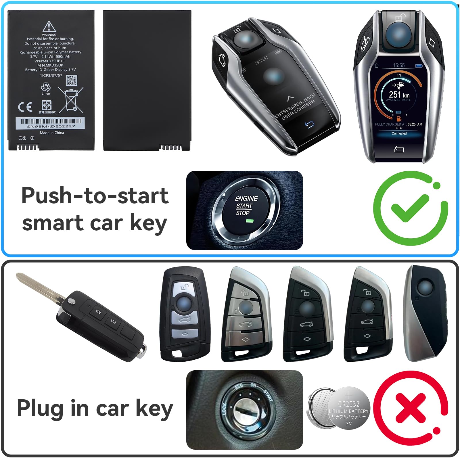 MKD35UP Ersatz Akku Für BMW 5, 6, 7, X3, X4, X5, X6 Series Remote Key 530le 530li 5301 730 740 745 760li i8 LCD Remote Key GT 630D GT 630I ID-Geber Display AG D-80788 9442976-01 1ICP3/37/57 6814351-01