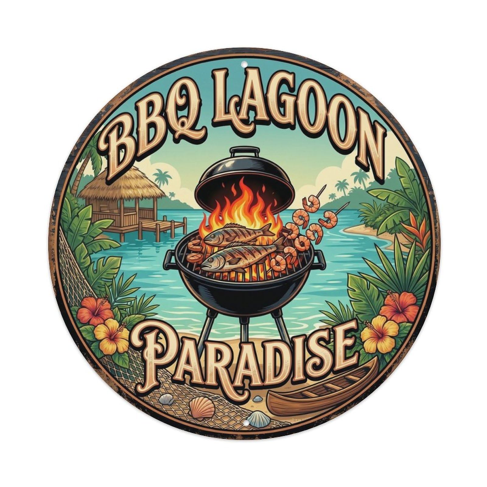 Yrnq Vintage Style-22 Vintage Bbq Barbecue Lagoon Artwork Metal Tin Sign Plaque Wall Decor For Cafe, Club, Garden Round Metal Poster 8X8inch
