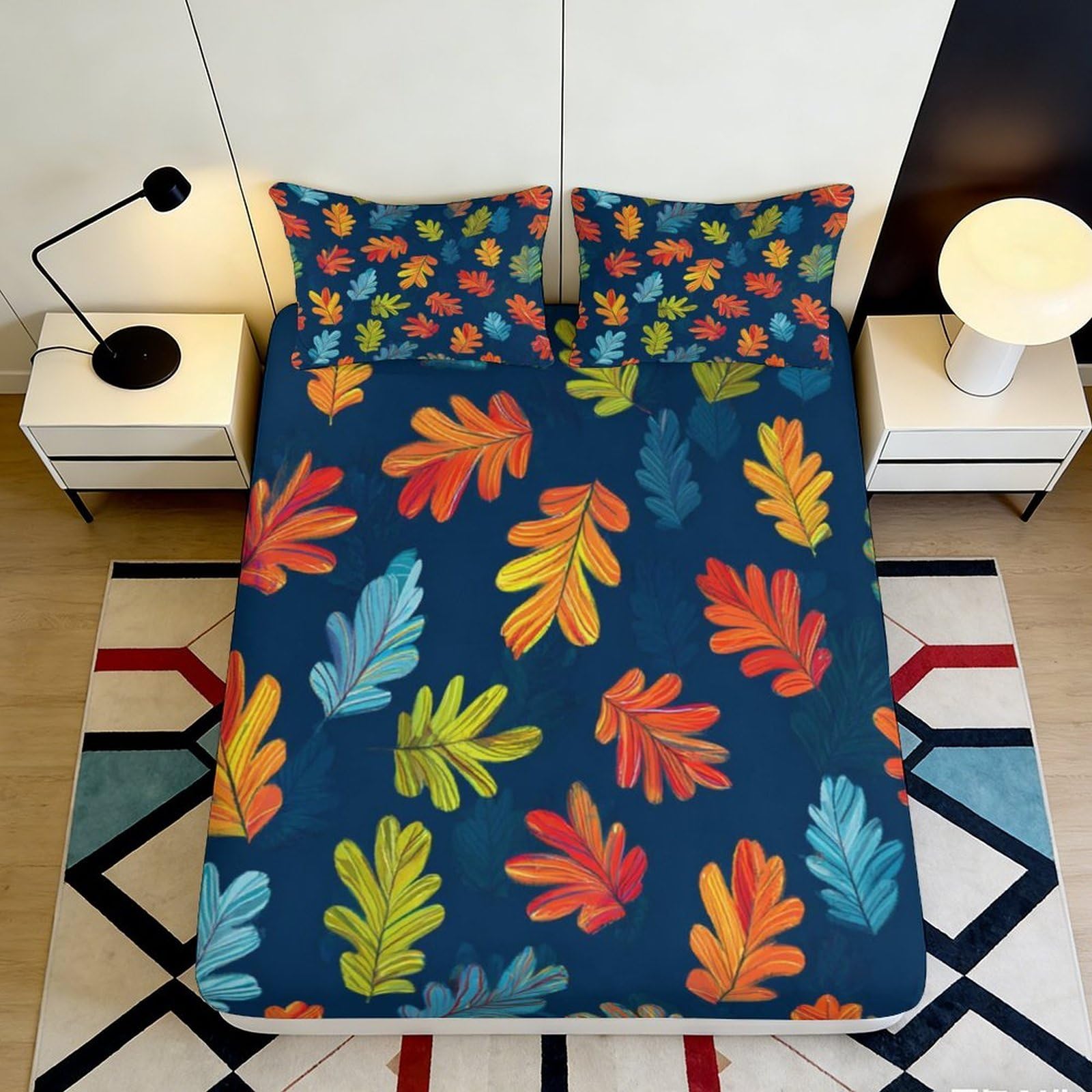 3D Printed Autumn Leaf Fitted Sheet Microfiber Soft Breathable Maple Pattern Bed Sheet for Bedroom Dorm Decor 90x200x25cm