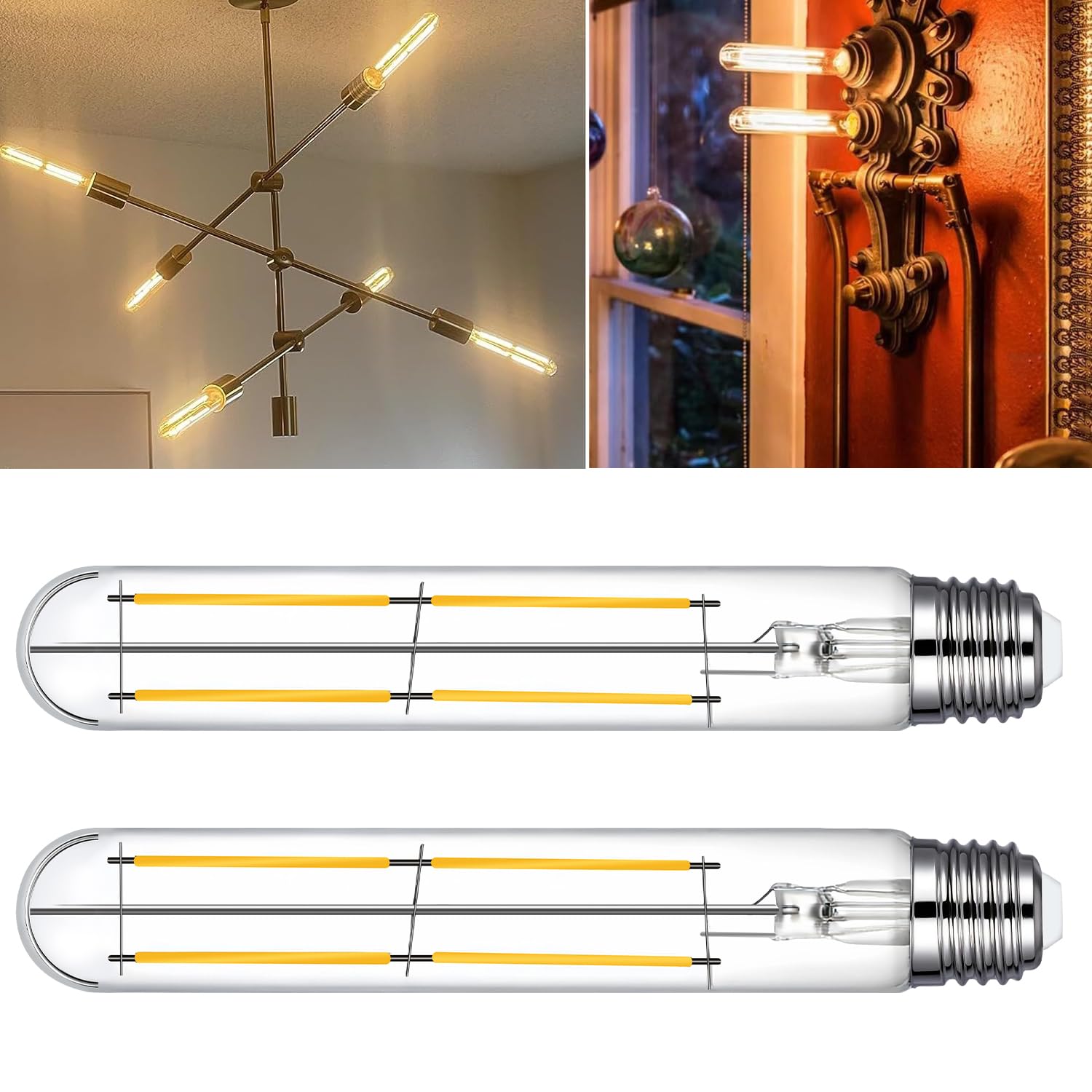 7.3 Inch T10 LED Bulb 6W (Equal 60W), Jacqueny 2PCS Dimmable Clear T10 LED E26 High Output 2700K Warm White, No-Flicker Edison T30/T10 Tubular Light