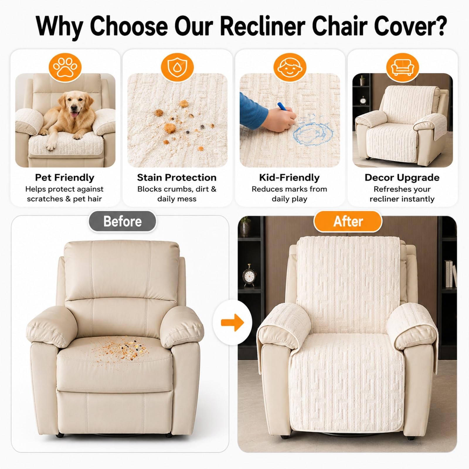 Copripoltrona Relax Reclinabile Antiscivolo, Copri Poltrona Adatto agli Animali Domestici Lavabile, Copripoltrona 1 Posto in Peluche Corto Traspirante per Sedie(E-white)