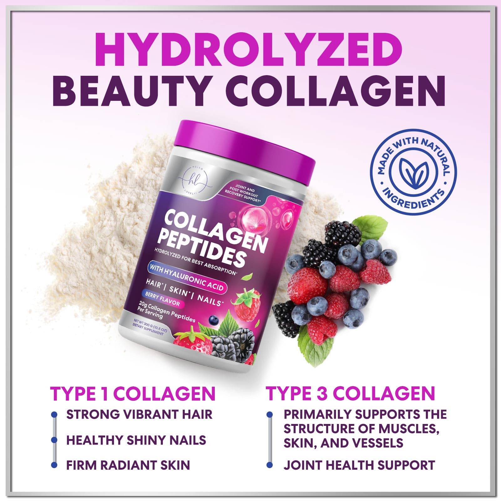 Collagen Peptides Powder 20g - Hydrolyzed Type 1 & 3 Berry Flavor Collagen Powder - Biotin, Hyaluronic Acid, Vitamin C - Hair, Skin, & Nails Support Supplement for Women & Men - Bottled in USA, 10.5oz — Amazon image 6