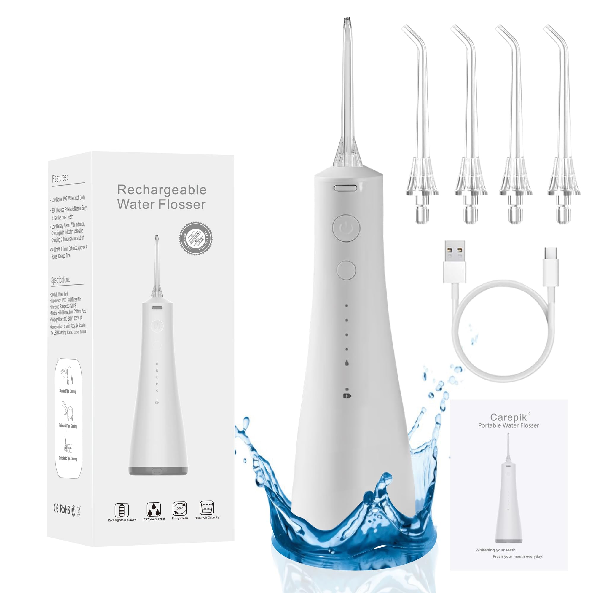 Professional Water Flosser Cordless for Teeth Cleaner Picks, Oral Irrigator for Home Travel, Portable Rechargeable 5Models IPX7 Waterproof Dental Piks with 4 Jet Tips