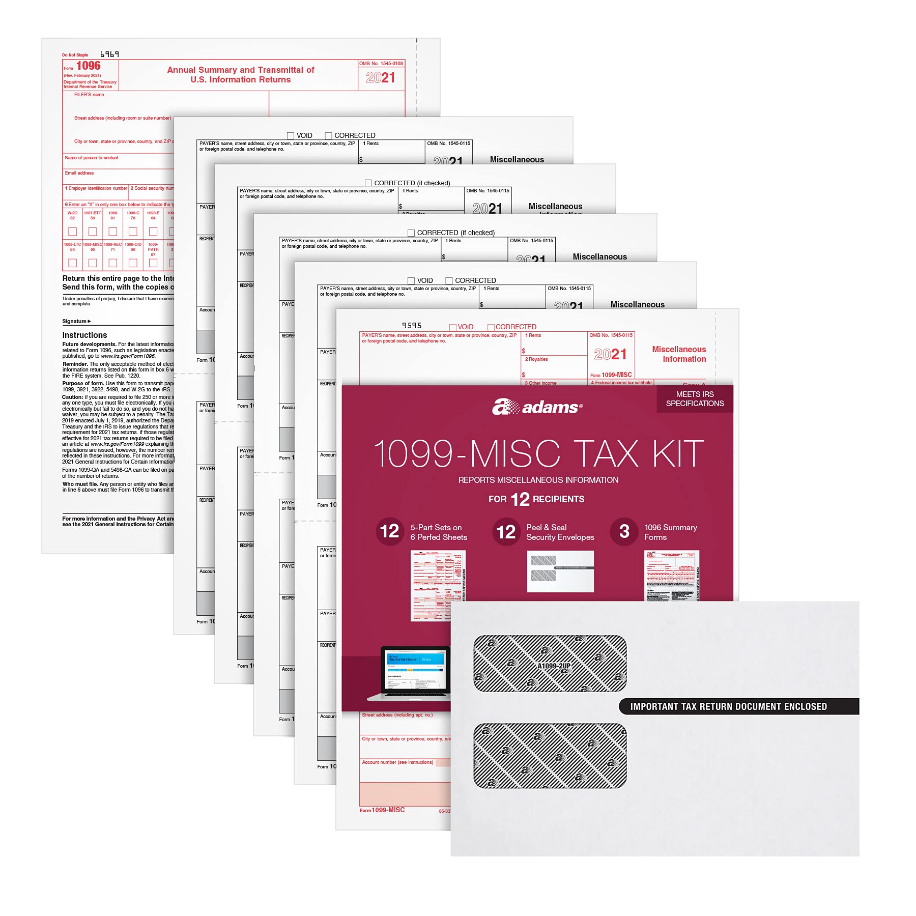 Adams 1099 MISC Forms 2021, Tax Kit for 12 Recipients, 5 Part Laser 1099 Forms, 3 1096, Self Seal Envelopes & Tax Forms Helper Online (TXA12521-MISC)