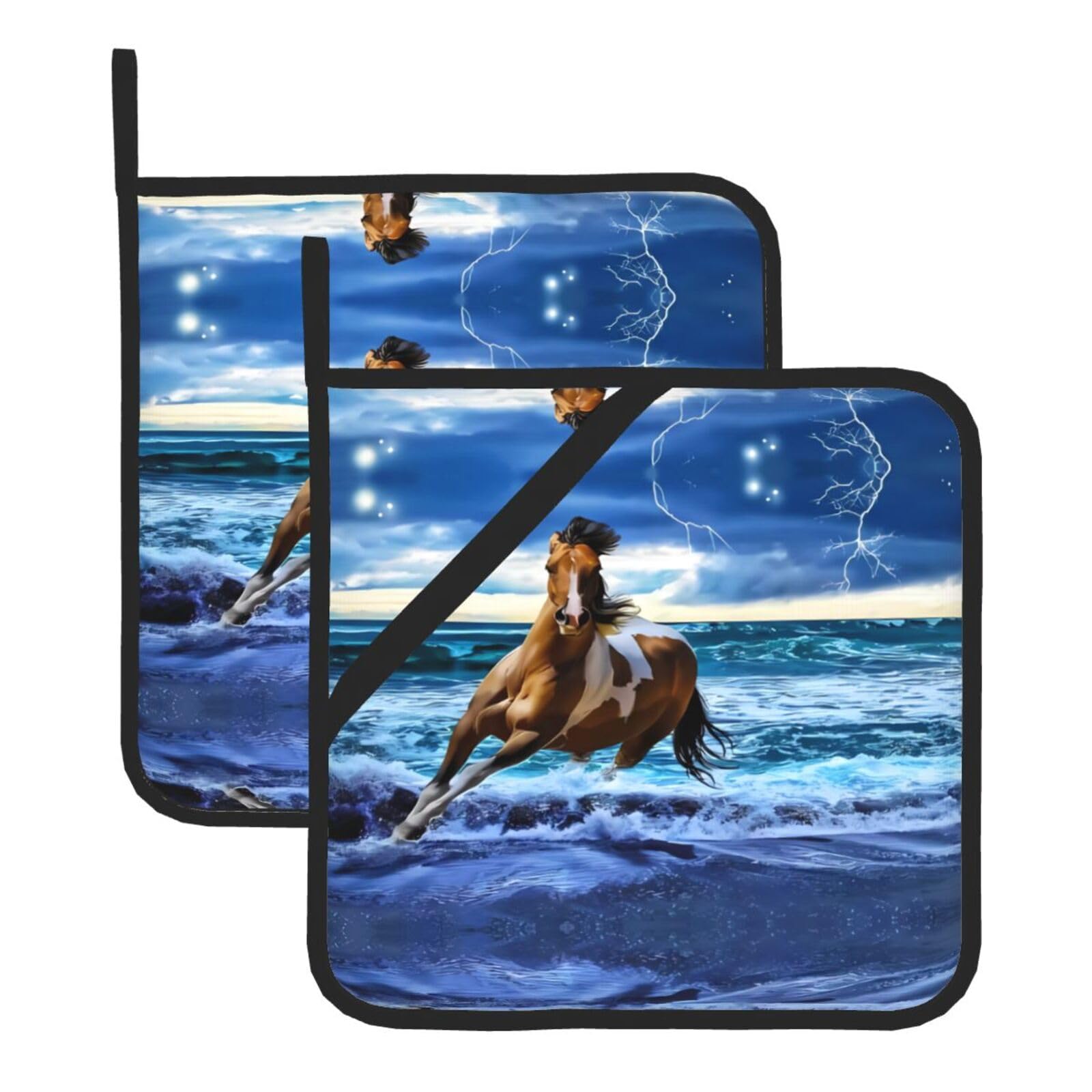 WHJSSF Running Horse Prints Square Pot Holders - Heat Resistant Kitchen Trivets 2-Pack - Waterproof Covers for Hot Dishes, Oven & Grill with Hanging Loop