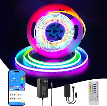 RGB Smart IC COB LED Strip Light 18ft Addressable Chasing Color 12V Multicolored Flexible RGB Lights Kit with Music Mode