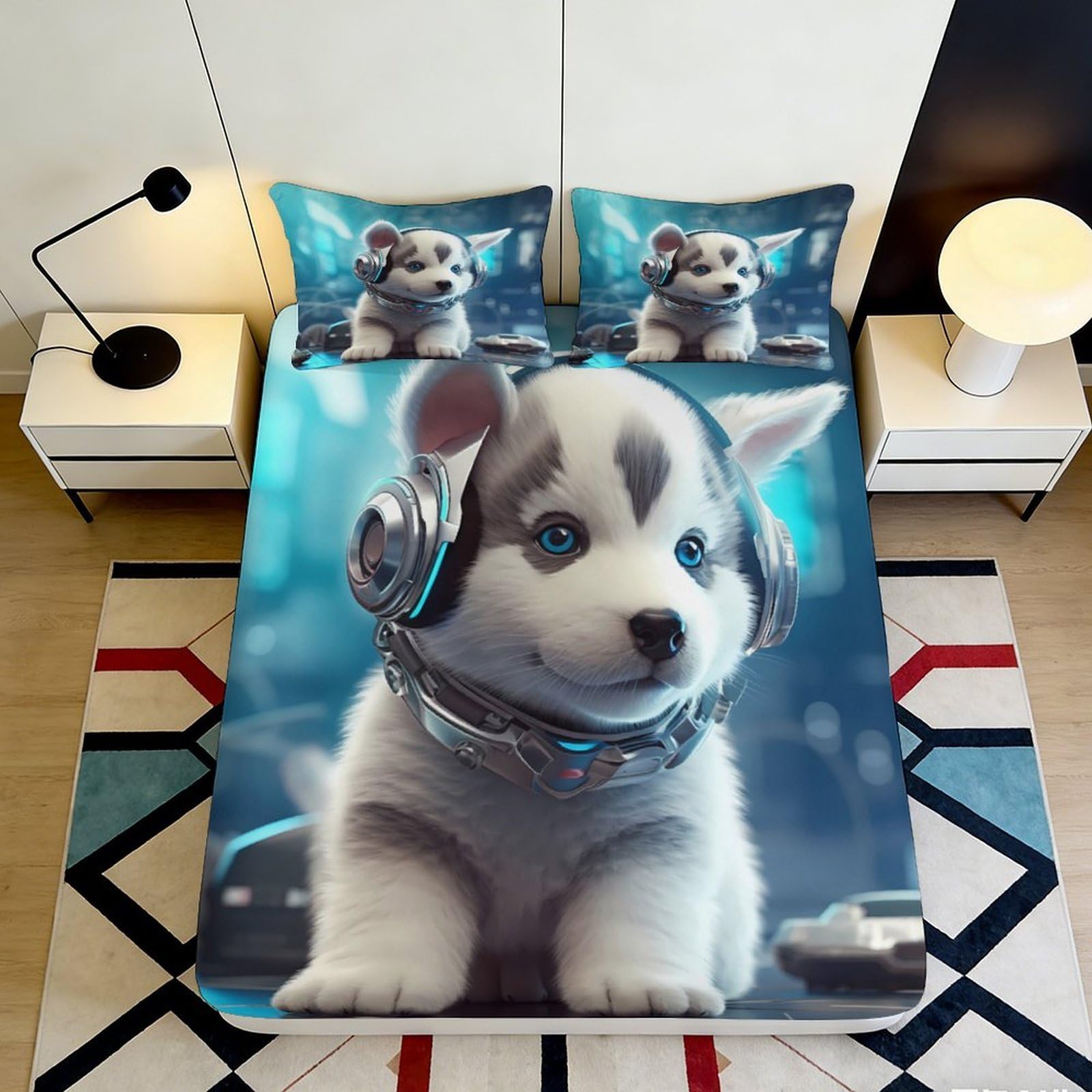 3D Printed Cute Puppy Fitted Sheet Microfiber Soft Breathable DJ Husky Bed Cover for Bedroom Dormitory Guest Room Mattress Protection Decor 140x200x25cm