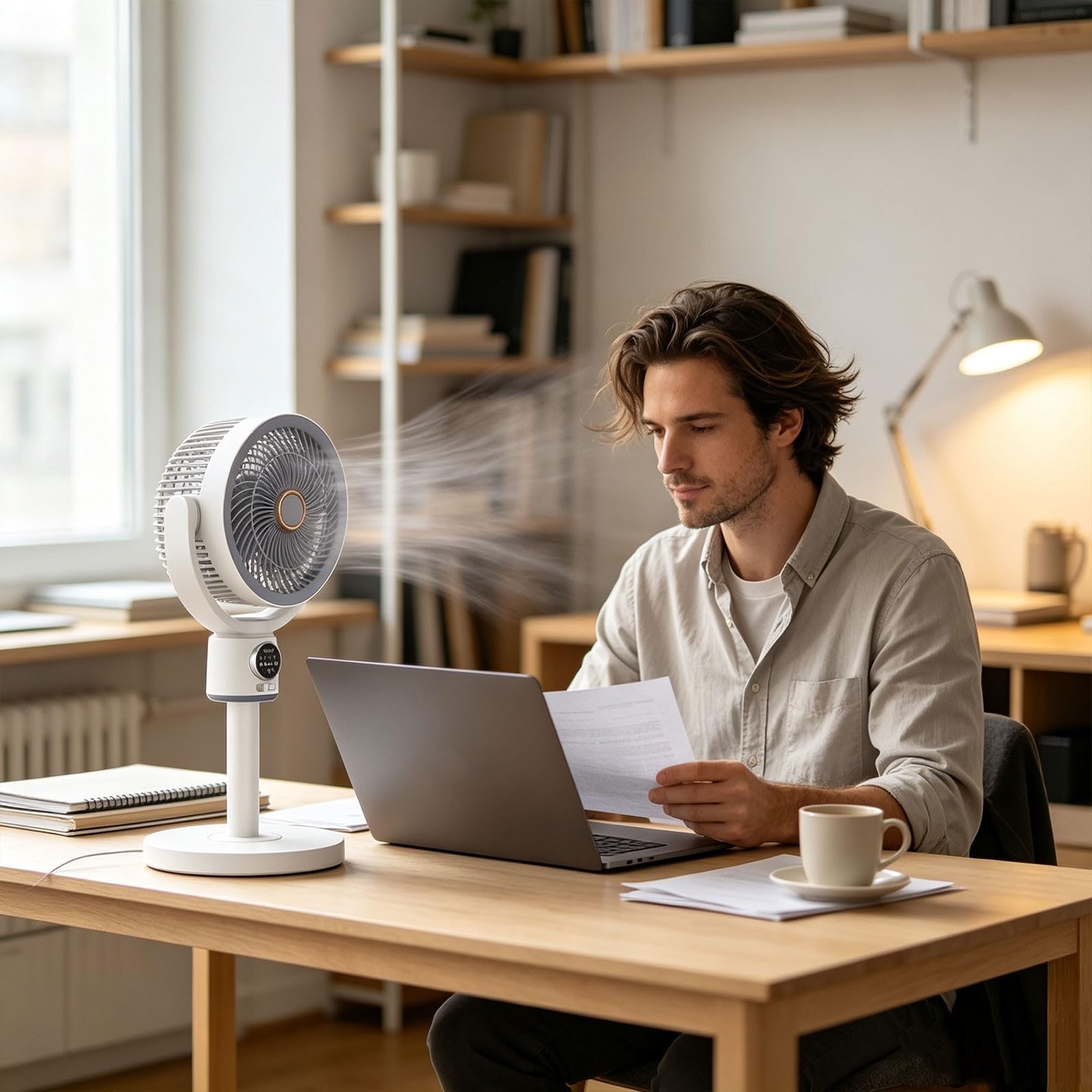 Ventilatore a Piantana Ricaricabile USB-C con Telecomando, 5 Velocità e 4 Altezze Regolabili, Timer, Luce LED Notturna, Circolatore d'Aria 8D Oscillante, Per Camera Da Lettos, Casa, Ufficio, Cucina